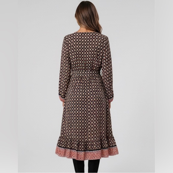 Diamond-Floral Print Lantern Sleeve Overlap Collar Belted Dress - Picture 3 of 9